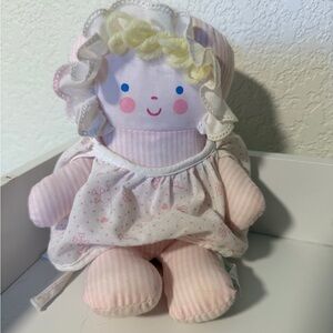 Vintage Bantam Rattle Cloth Baby Doll Plush Toy Pink Striped with Bonnet
